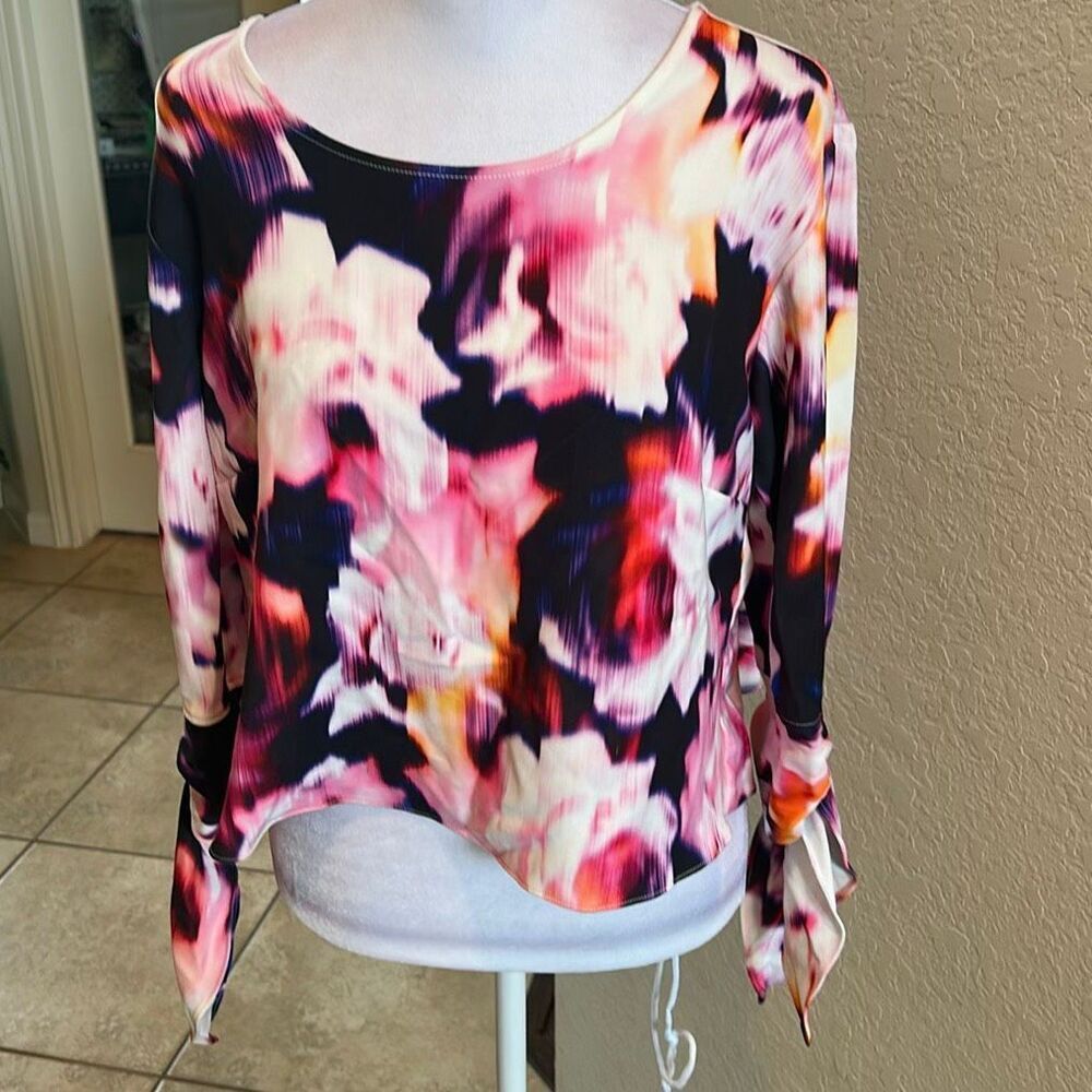 Askari Collection Size S Abstract Floral Blouse Long Tie Statement Sleeve NWT